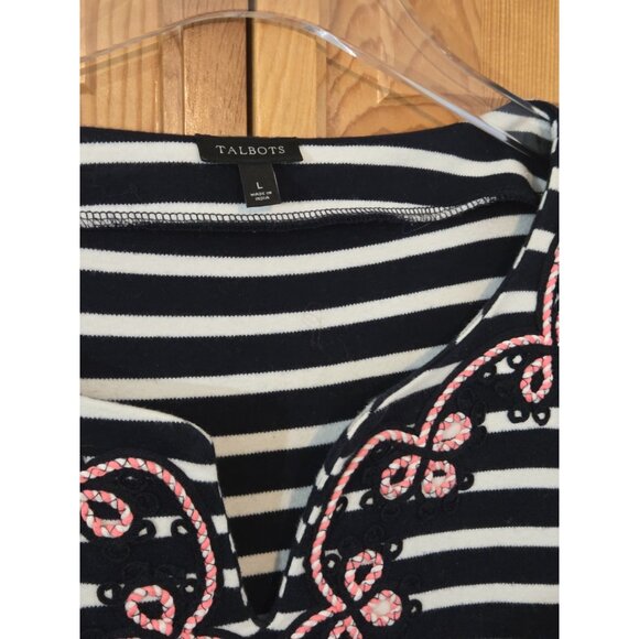 Talbots Dress Size Large Blue Striped Embroidered Coastal Preppy Resort V-Neck‎ - Picture 7 of 11